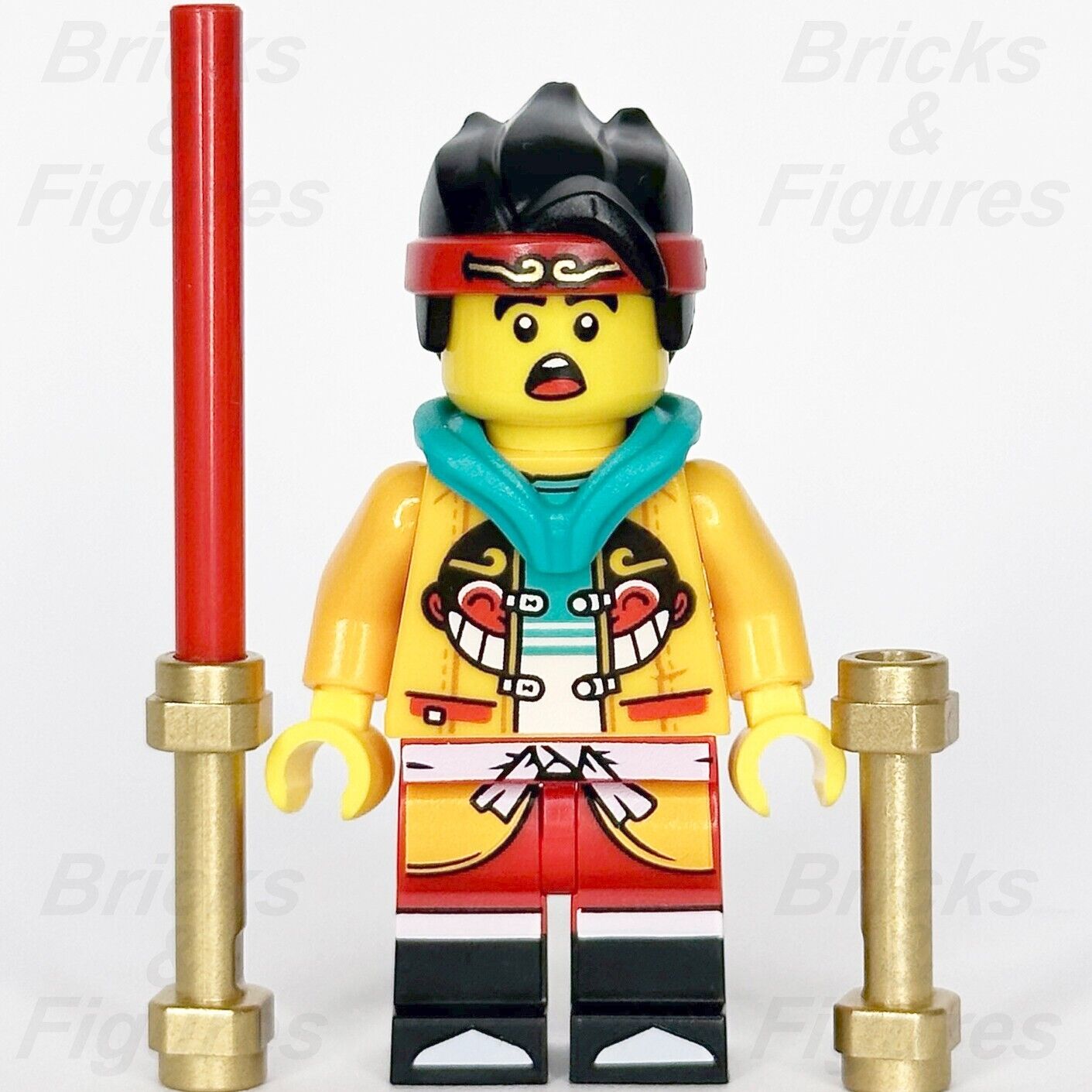 LEGO Monkie Kid Minifigure Golden Staff Blue Hood Monkey Head Logo 80022 mk041 - Bricks & Figures