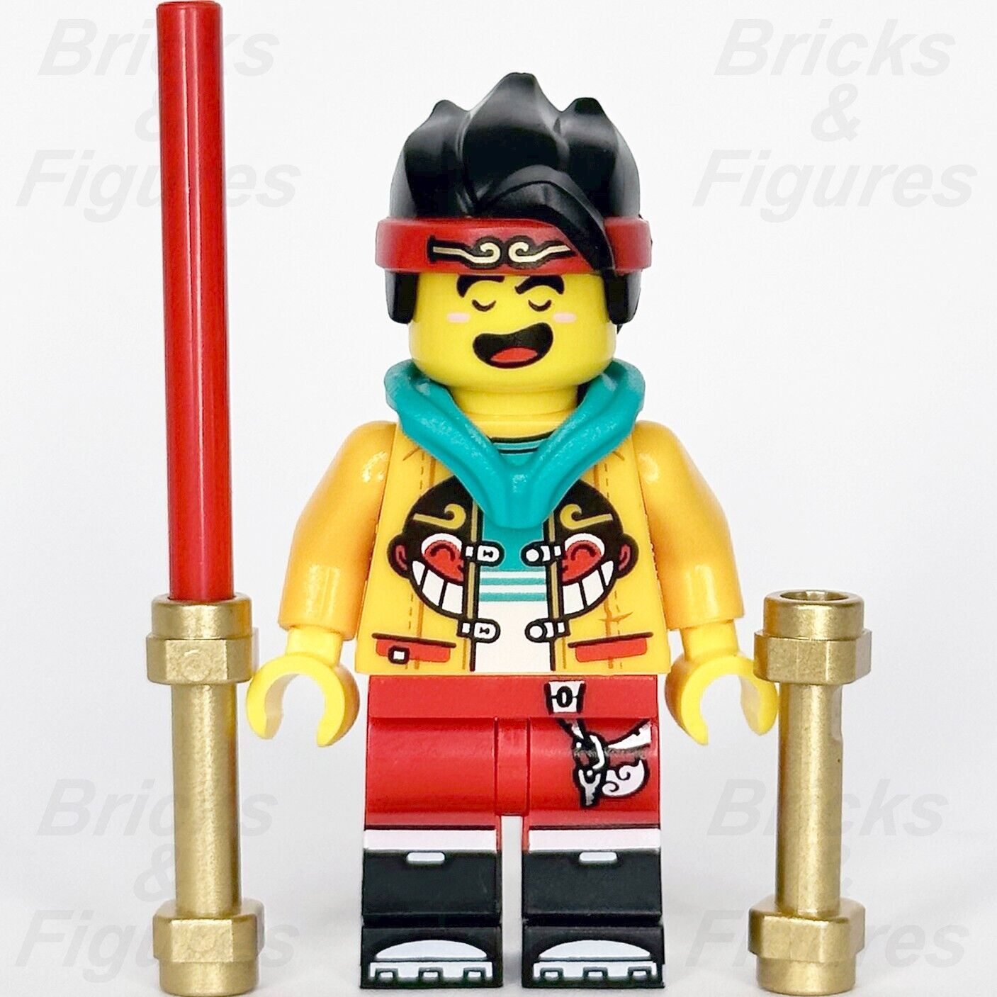 LEGO Monkie Kid Minifigure with Staff Blue Hood Monkey Head Logo 80023 mk053 - Bricks & Figures