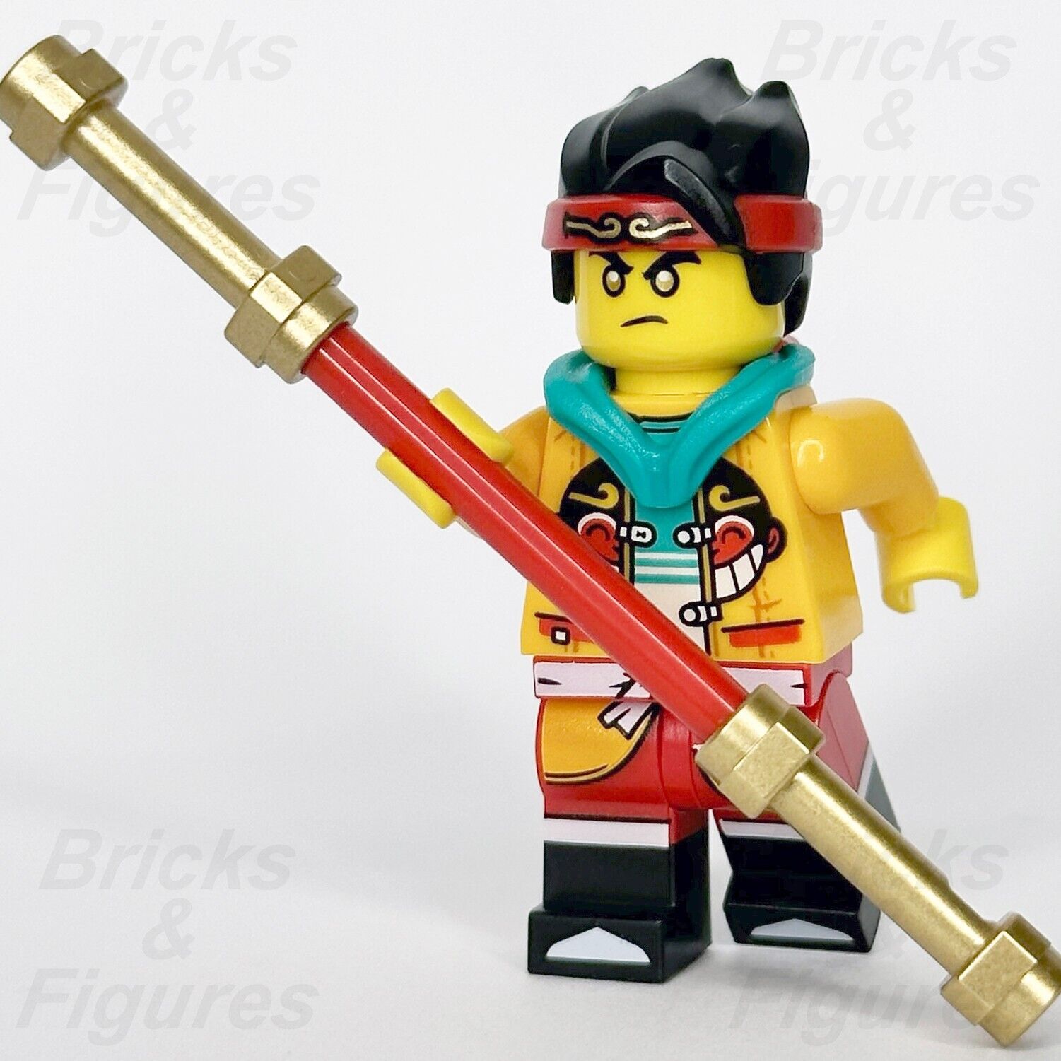 LEGO Monkie Kid Minifigure Golden Staff Blue Hood Monkey Head Logo 80022 mk041 - Bricks & Figures