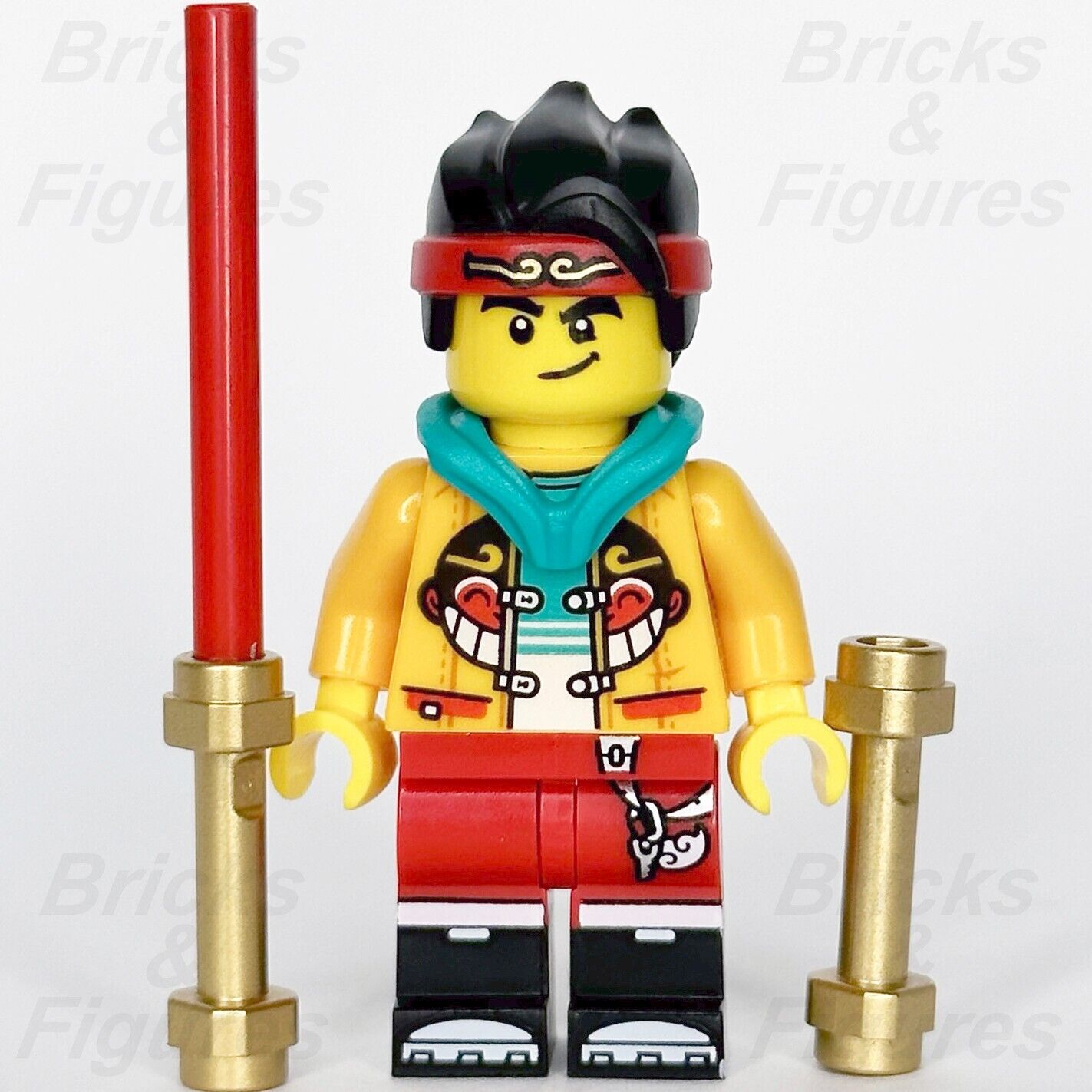 LEGO Monkie Kid Minifigure with Golden Staff Blue Hood Monkey Logo 80018 mk038 - Bricks & Figures